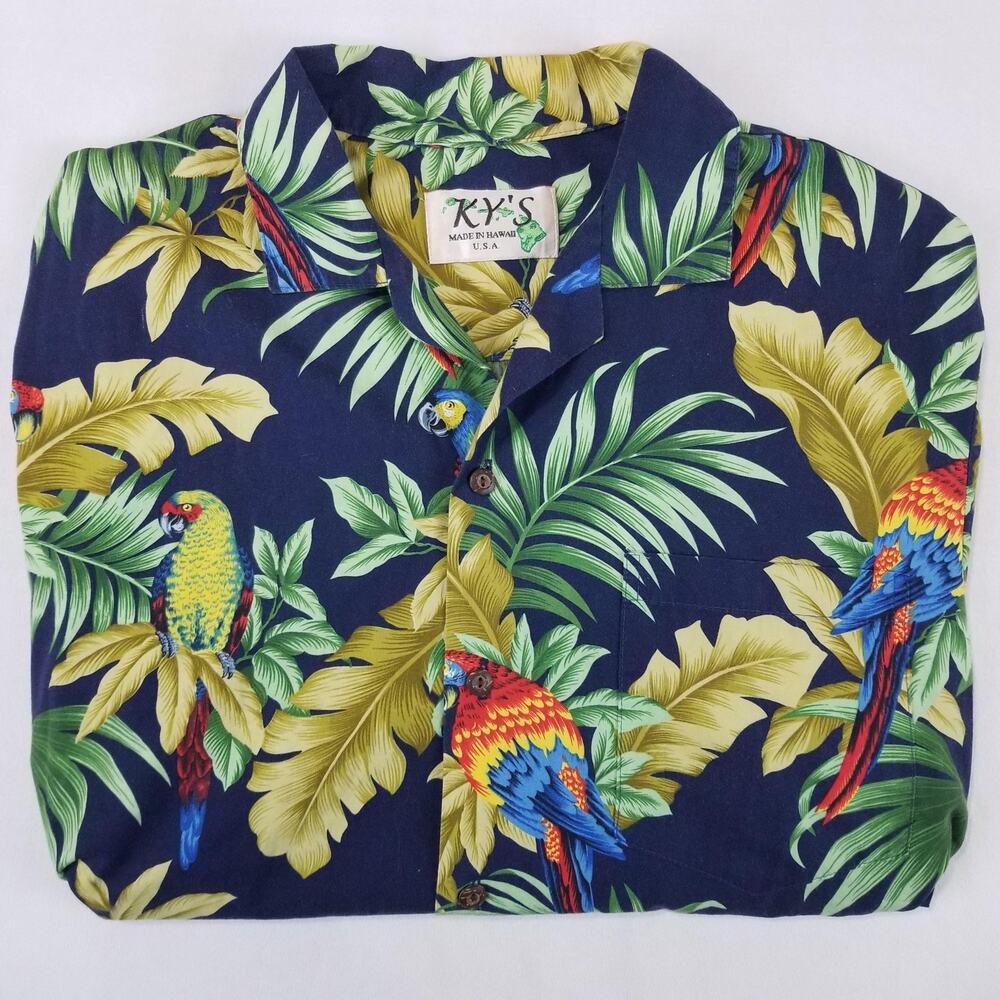 KY'S Hawaiian Shirt Mens Aloha Large Parrot Floral Print Button Up Made In USA